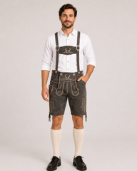 Stag Embroidered Men's Bavarian Lederhosen - Grey - Side Lacing - image 1