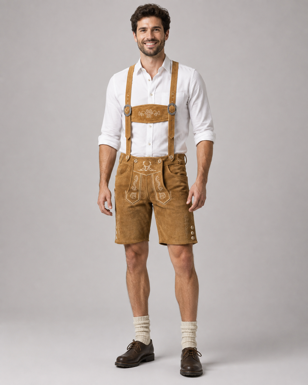 Oak Leaf Embroidered Men's Bavarian Lederhosen - Tan/Beige - Side Buttons - image 1