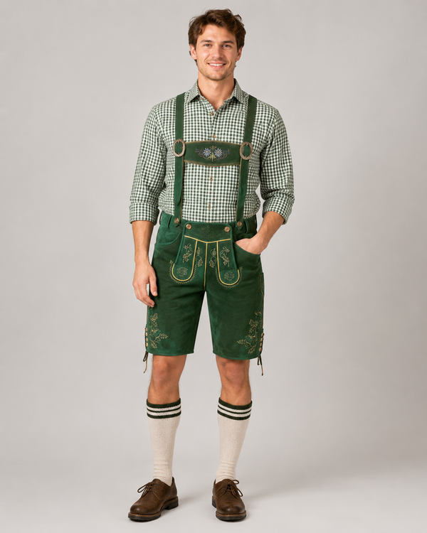 Edelweiss Embroidered Men's Bavarian Lederhosen - Green - Side Lacing - image 1