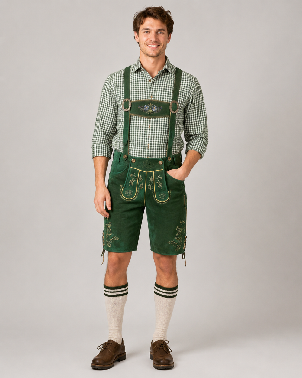 Edelweiss Embroidered Men's Bavarian Lederhosen - Green - Side Lacing - image 1