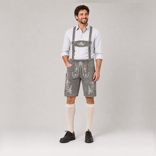 Edelweiss Embroidered Men's Bavarian Lederhosen - Grey - Side Buttons