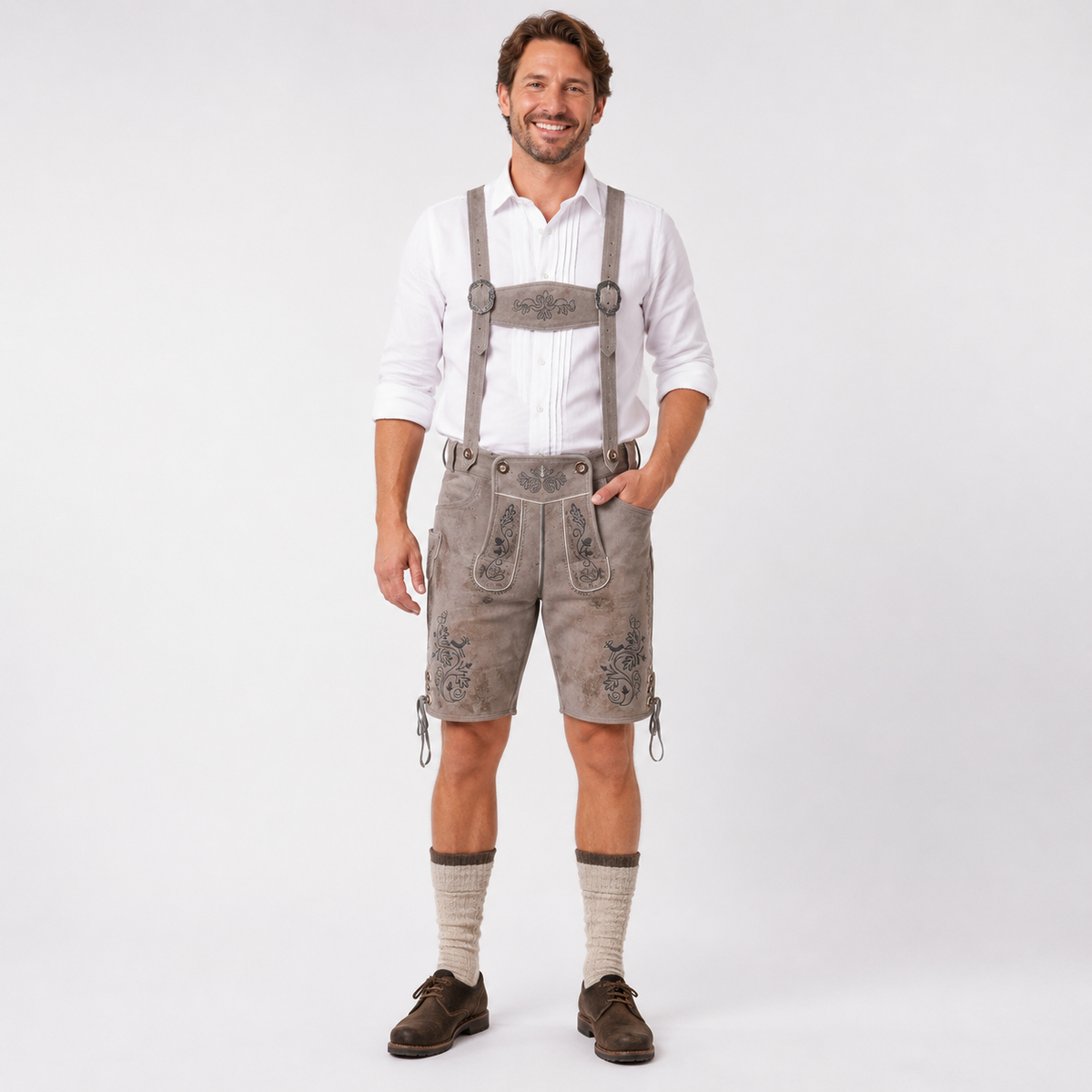 Oak Leaf Embroidered Men's Bavarian Lederhosen - Grey - Side Lacing - image 1
