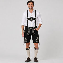 Edelweiss Embroidered Men's Bavarian Lederhosen - Black - Side Lacing - image 1