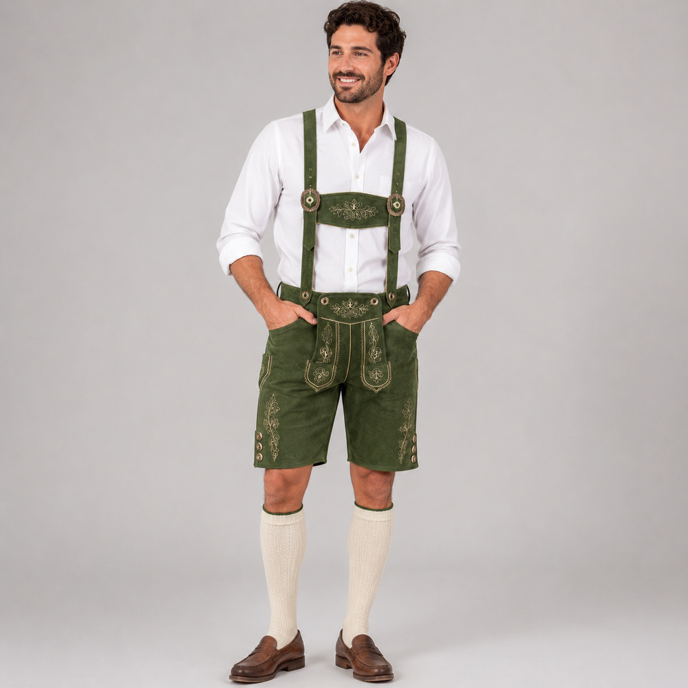 Oak Leaf Embroidered Men's Bavarian Lederhosen - Green - Side Buttons - image 1