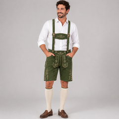 Oak Leaf Embroidered Men's Bavarian Lederhosen - Green - Side Buttons - image 1