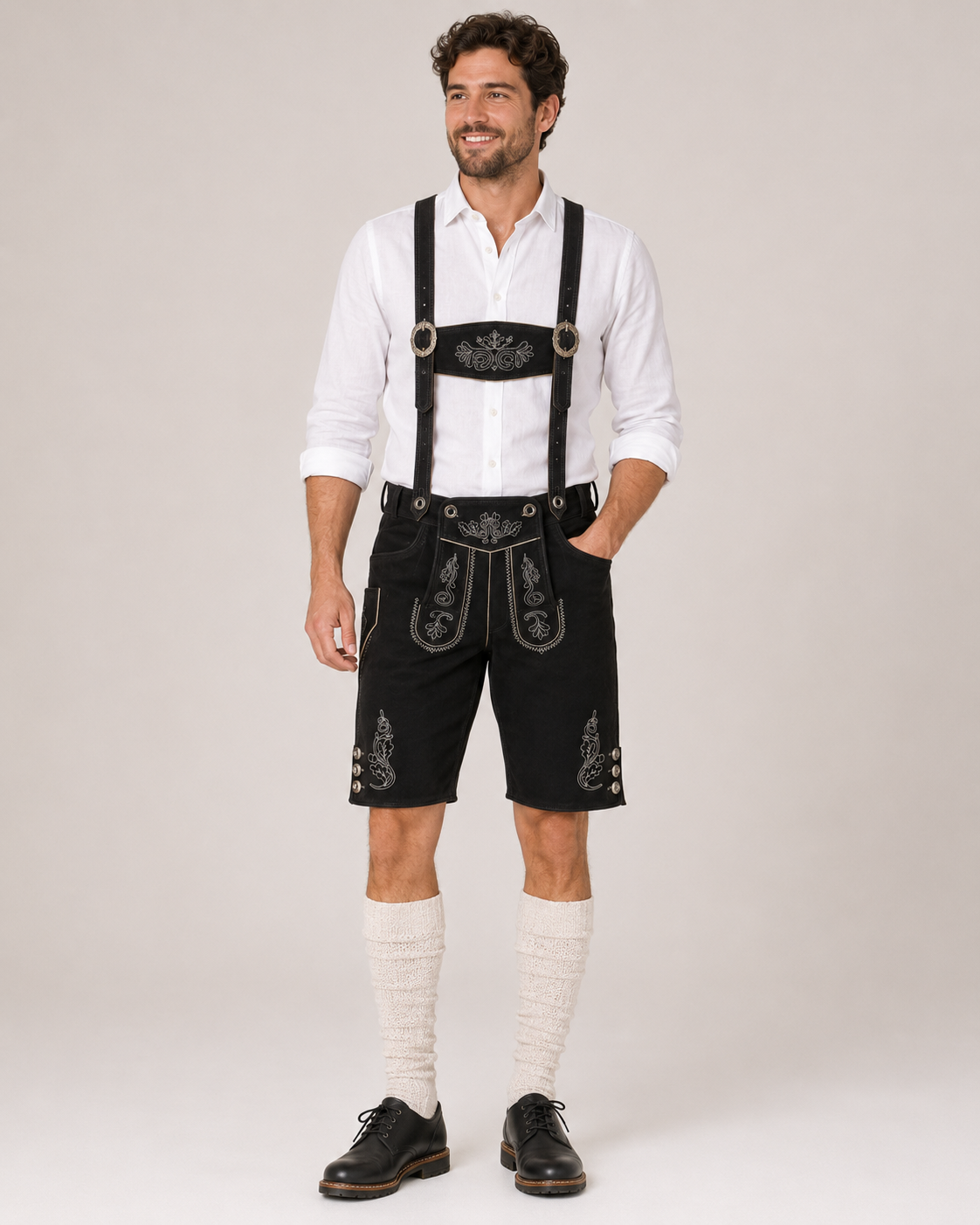 Oak Leaf Embroidered Men's Bavarian Lederhosen - Black - Side Buttons - image 1