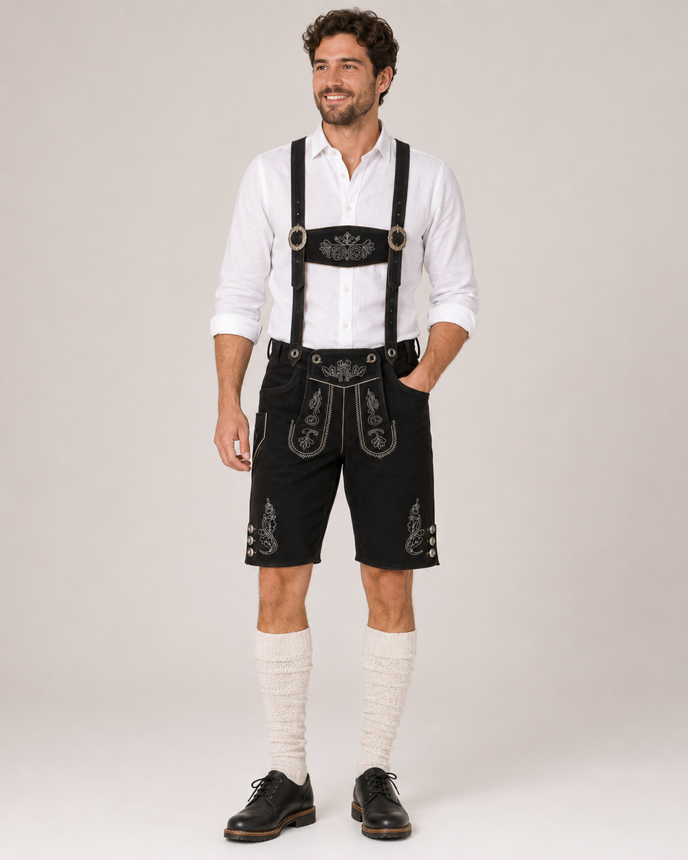 Oak Leaf Embroidered Men's Bavarian Lederhosen - Black - Side Buttons - image 1