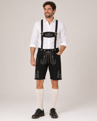 Oak Leaf Embroidered Men's Bavarian Lederhosen - Black - Side Buttons - image 1