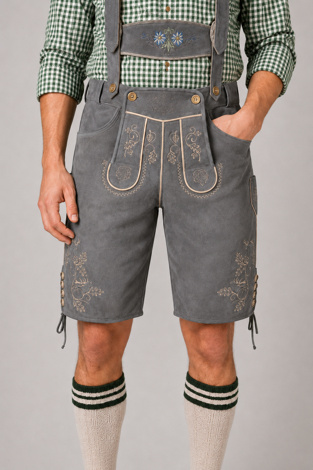 Edelweiss Embroidered Men's Bavarian Lederhosen - Grey - Side Lacing - product image 2