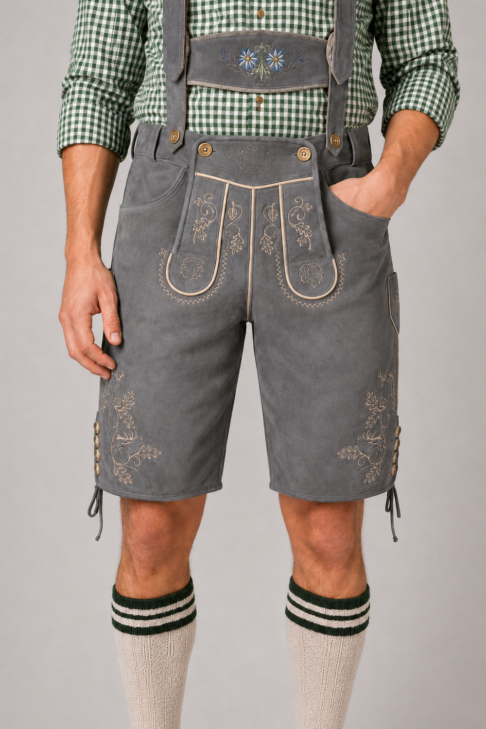 Edelweiss Embroidered Men's Bavarian Lederhosen - Grey - Side Lacing - product image 2