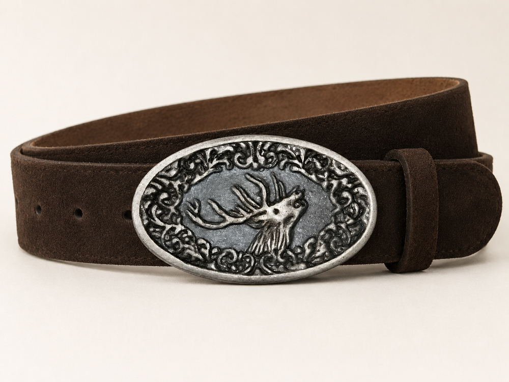 Men's Dark Brown Suede Bavarian Lederhosen Belt - Alpine Stag Crest Buckle - product image 2