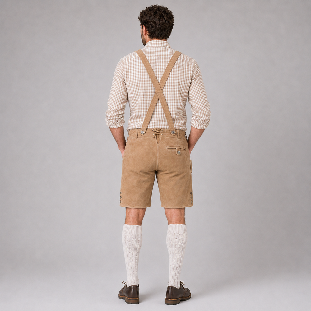 Stag Embroidered Men's Bavarian Lederhosen - Tan/Beige - Side Lacing - product image 2