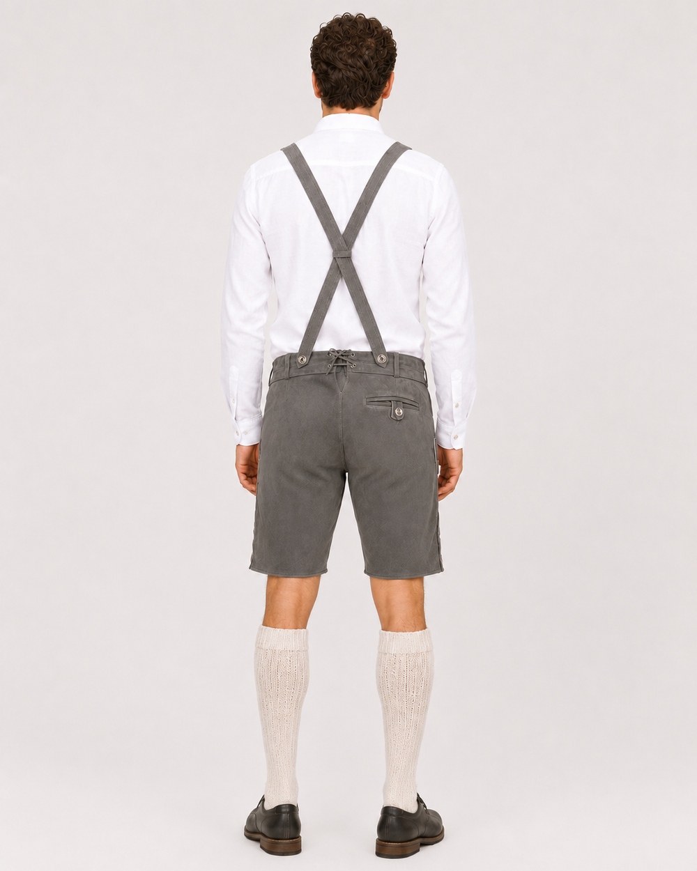 Oak Leaf Embroidered Men's Bavarian Lederhosen - Grey - Side Buttons - image 2