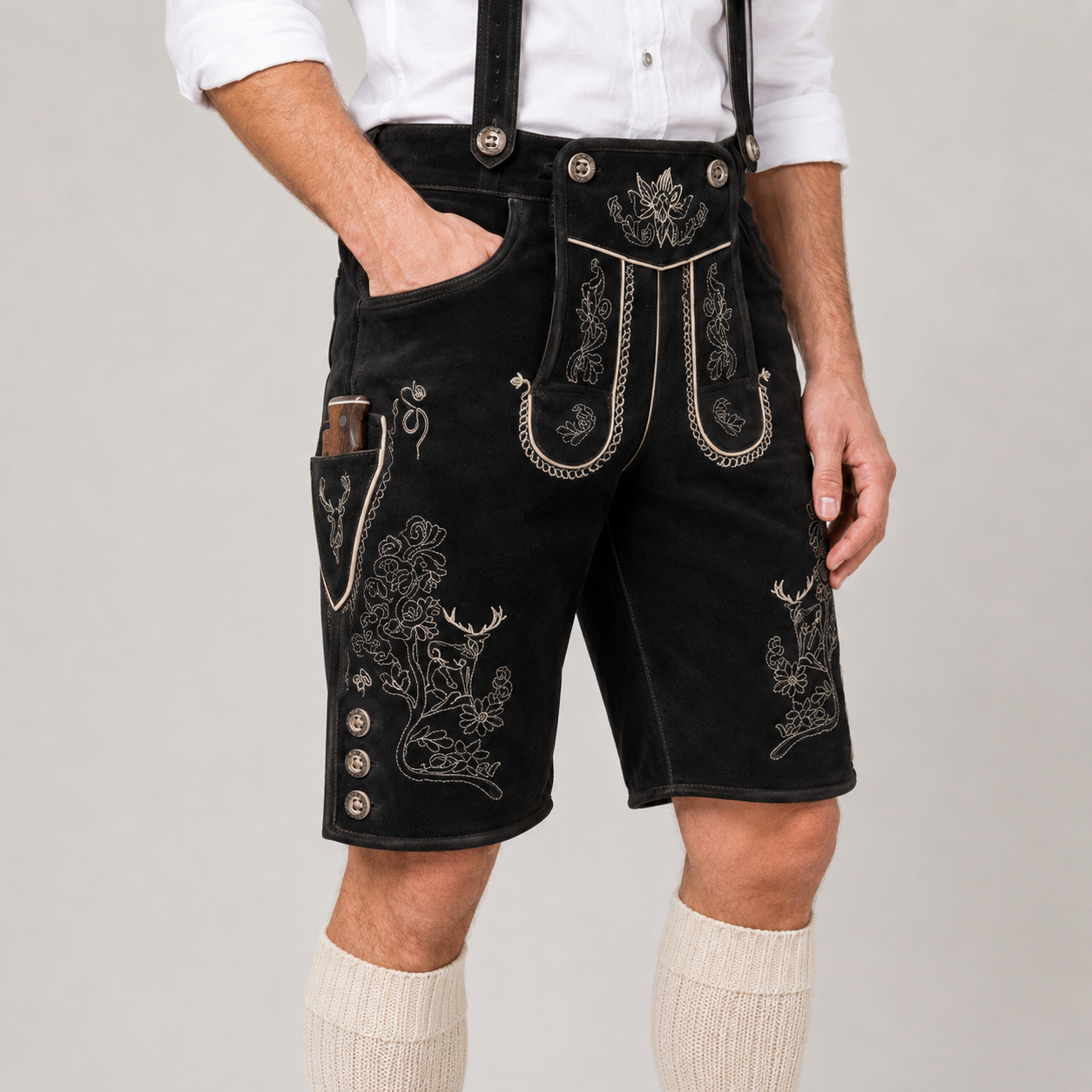 Edelweiss Embroidered Men's Bavarian Lederhosen - Black - Side Buttons - image 2