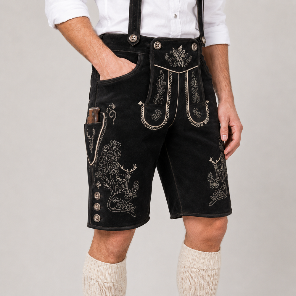 Edelweiss Embroidered Men's Bavarian Lederhosen - Black - Side Buttons - image 2