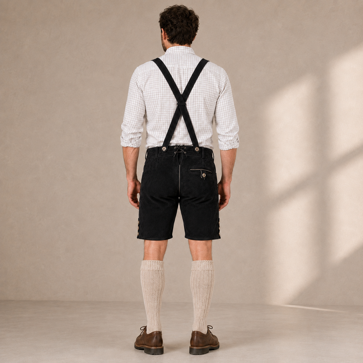 Stag Embroidered Men's Bavarian Lederhosen - Black - Side Buttons - product image 2