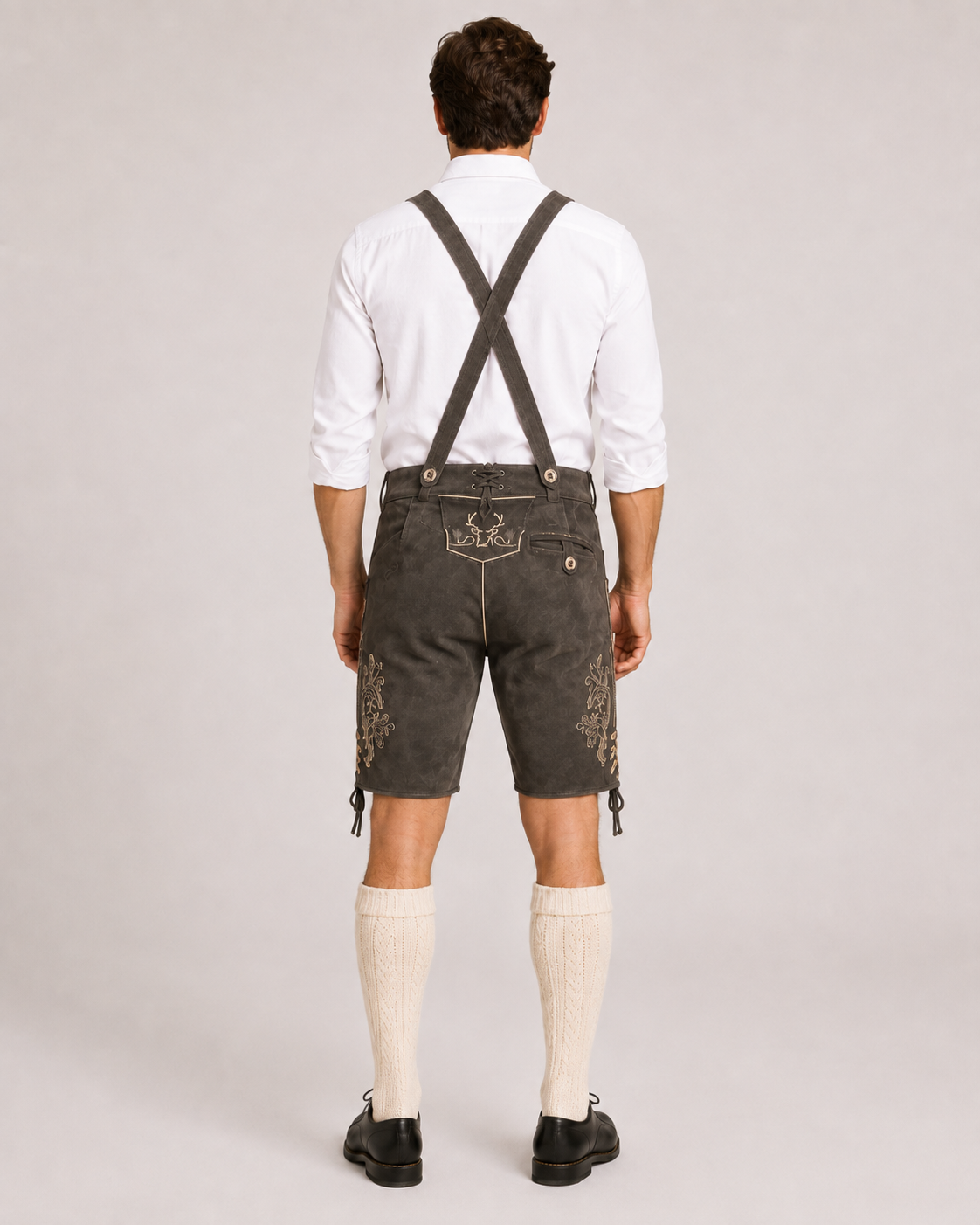 Stag Embroidered Men's Bavarian Lederhosen - Grey - Side Lacing - image 2
