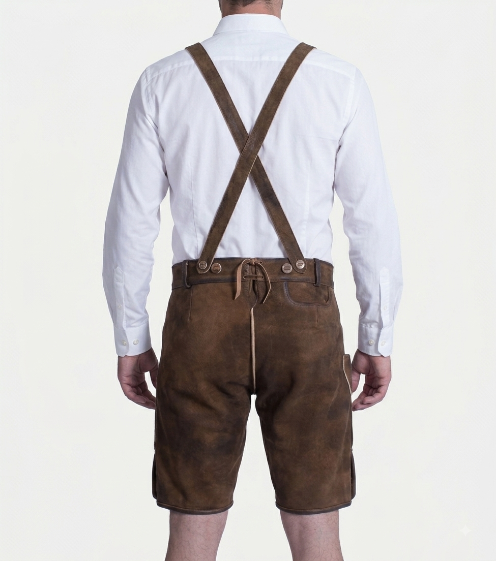 Stag Embroidered Men's Bavarian Lederhosen - Rustic Brown - Side Buttons - image 2