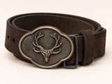 Men's Dark Brown Suede Bavarian Lederhosen Belt - Stag Antler Emblem Buckle - product image 2