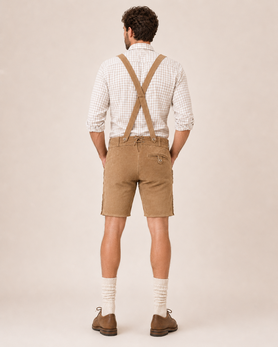 Edelweiss Embroidered Men's Bavarian Lederhosen - Tan/Beige - Side Buttons