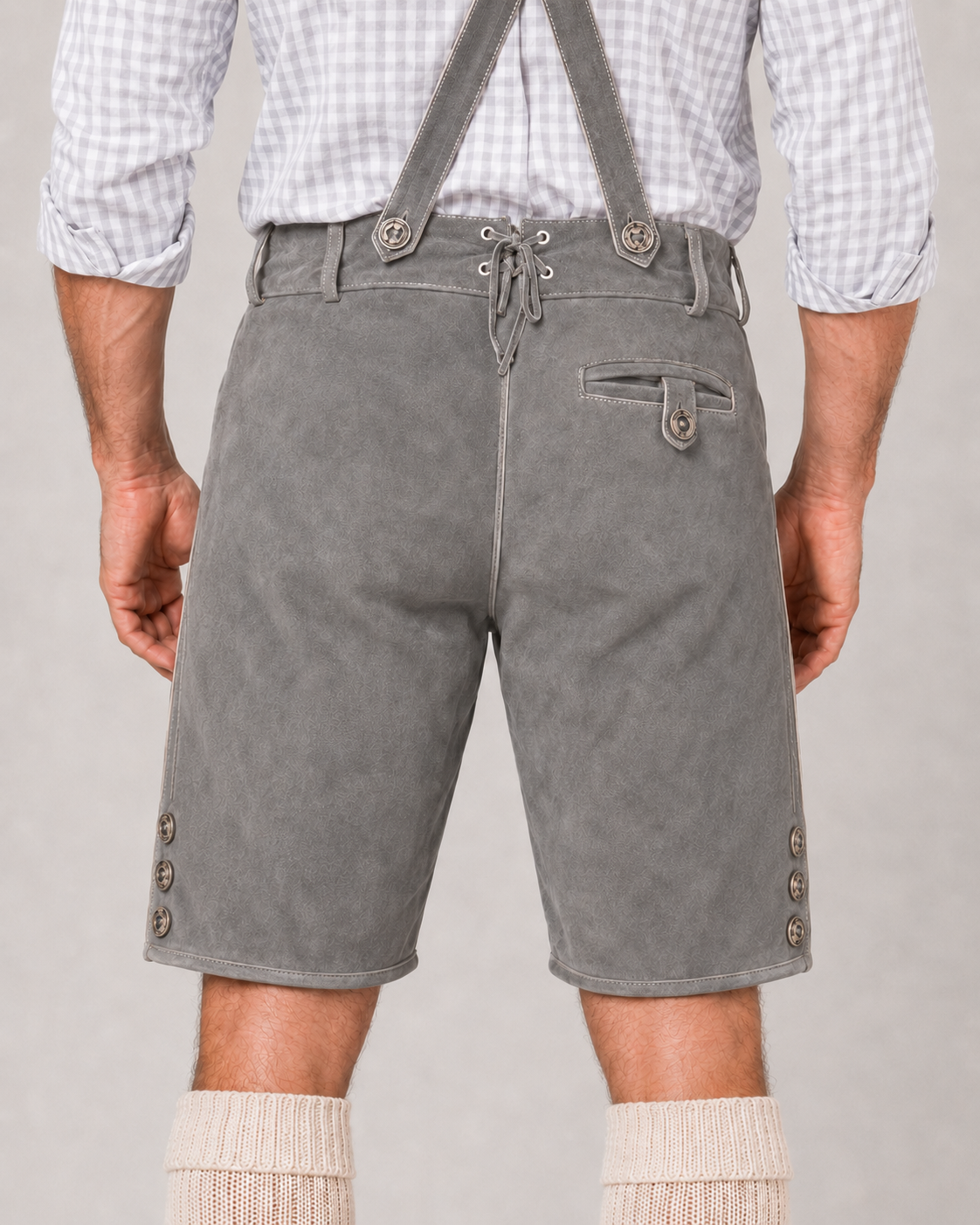 Edelweiss Embroidered Men's Bavarian Lederhosen - Grey - Side Buttons