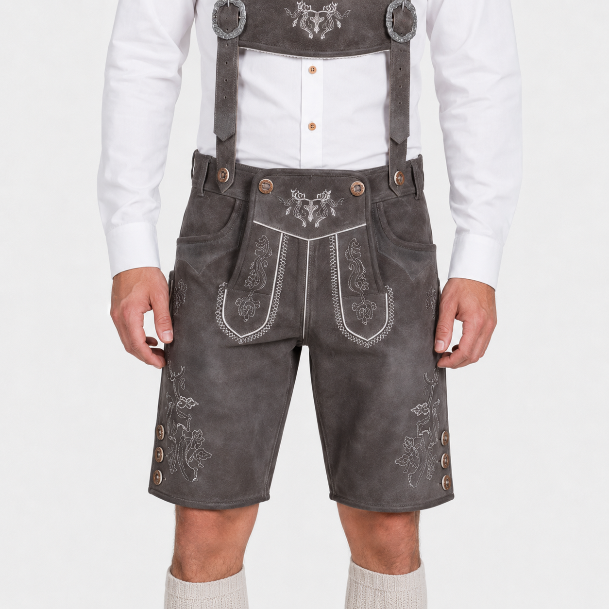 Stag Embroidered Men's Bavarian Lederhosen - Grey - Side Buttons - product image 2