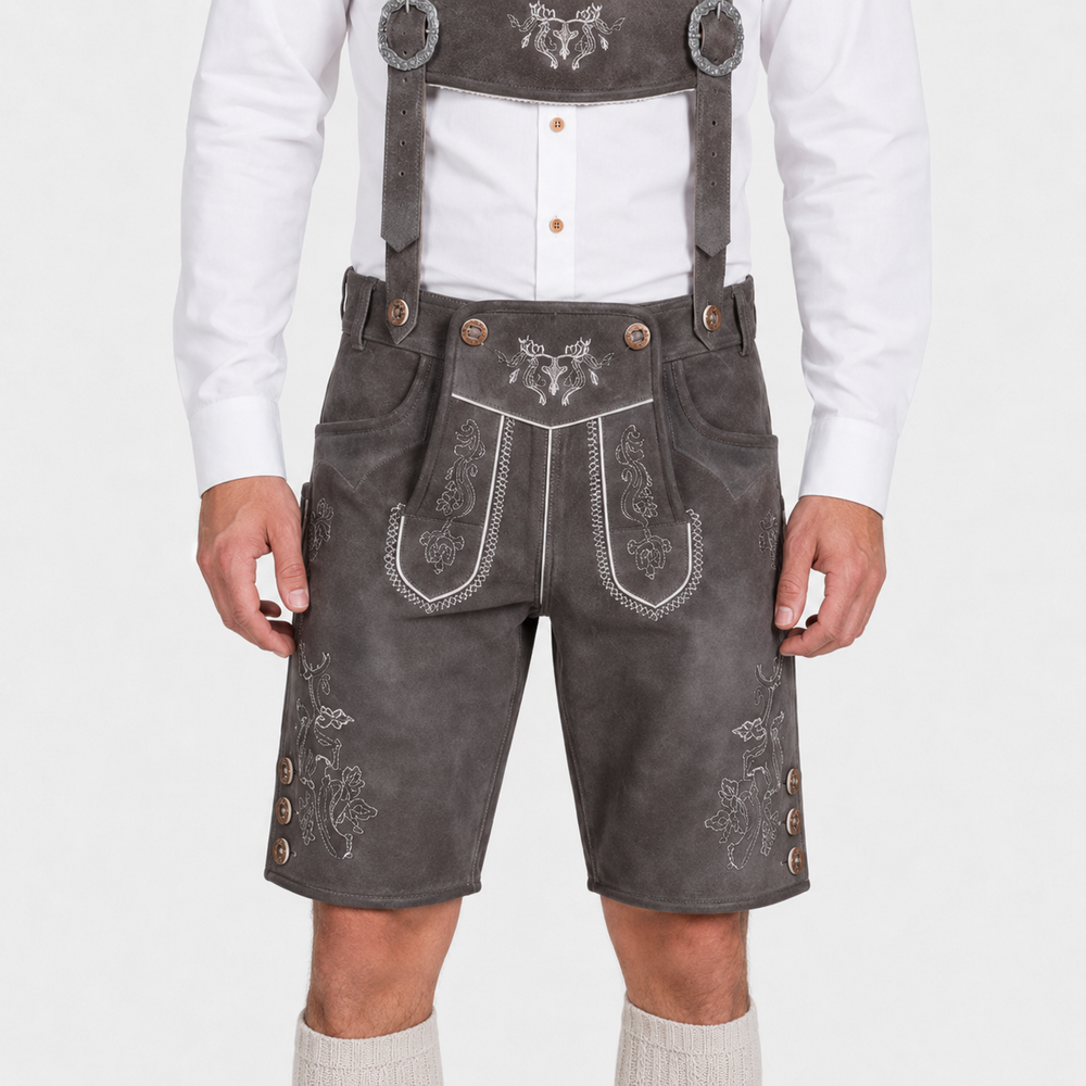 Stag Embroidered Men's Bavarian Lederhosen - Grey - Side Buttons - product image 2