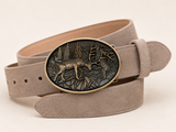 Men's Light Taupe Suede Bavarian Lederhosen Belt - Stag & Hound Hunting Scene Buckle - product image 2