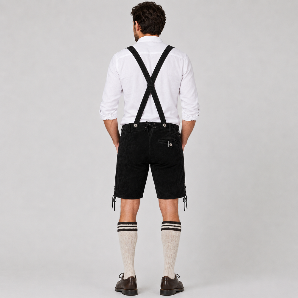Edelweiss Embroidered Men's Bavarian Lederhosen - Black - Side Lacing - image 2