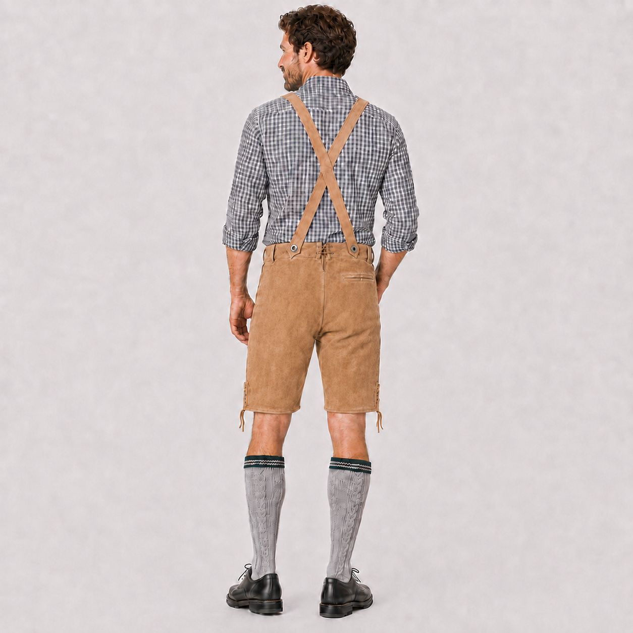 Oak Leaf Embroidered Men's Bavarian Lederhosen - Tan/Beige - Side Lacing