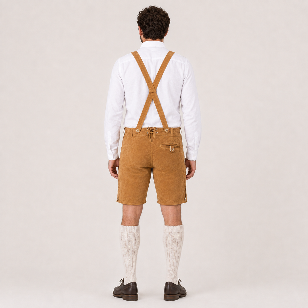 Stag Embroidered Men's Bavarian Lederhosen - Tan/Beige - Side Buttons - image 2