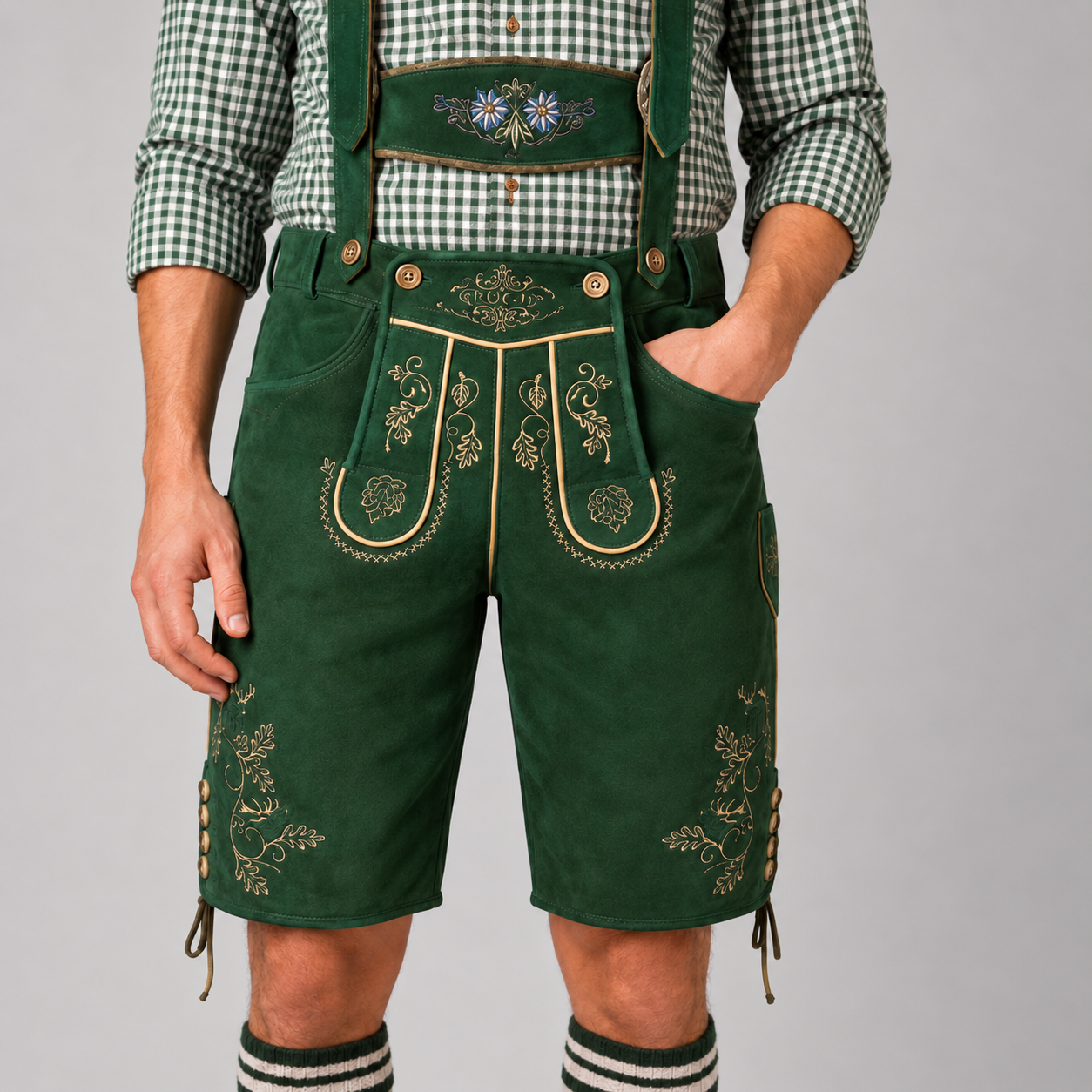 Edelweiss Embroidered Men's Bavarian Lederhosen - Green - Side Lacing