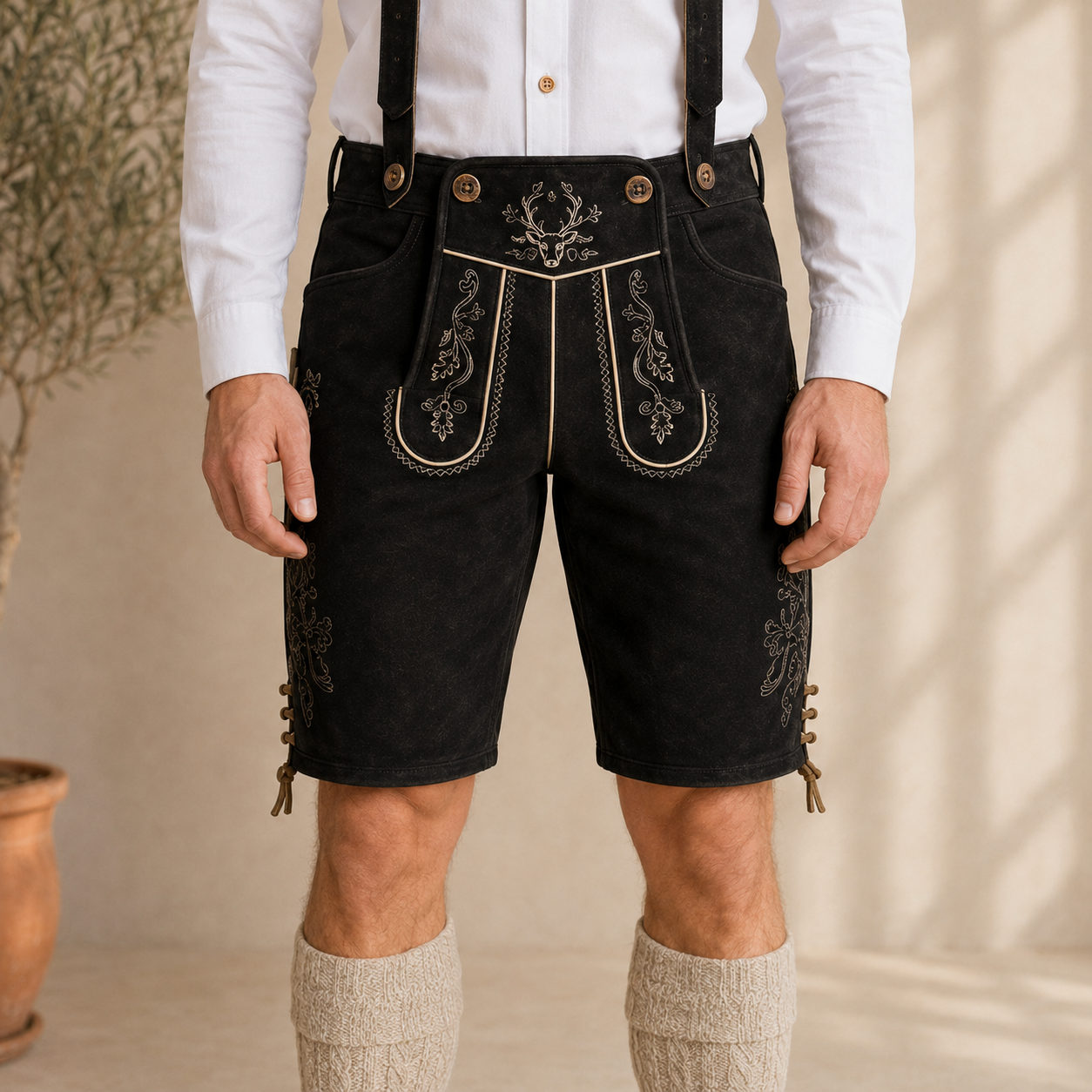 Stag Embroidered Men's Bavarian Lederhosen - Black - Side Buttons - image 2