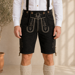 Stag Embroidered Men's Bavarian Lederhosen - Black - Side Buttons - image 2