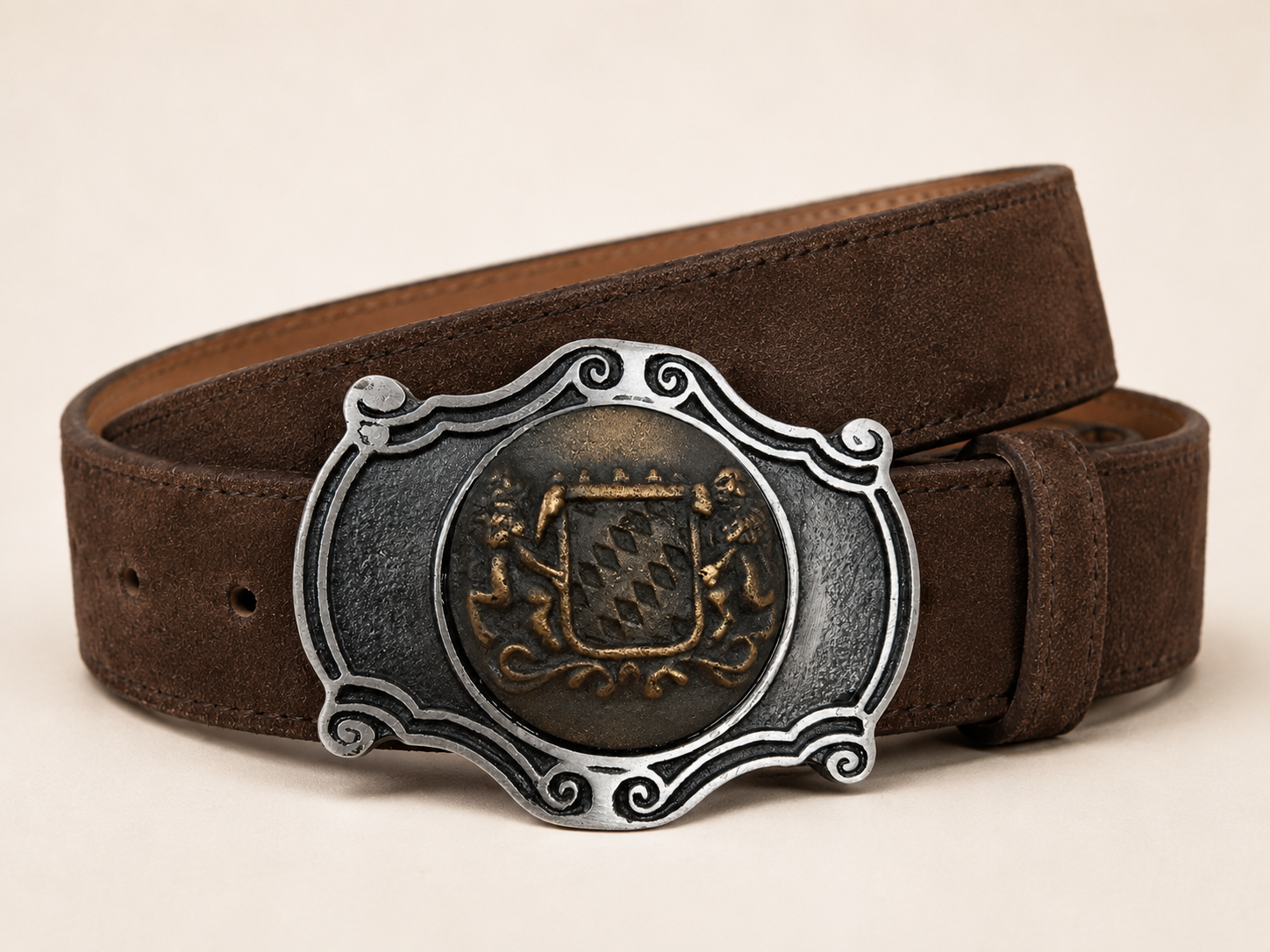 Men's Dark Brown Suede Bavarian Lederhosen Belt - Two-Tone Bavarian Lion Shield Buckle - product image 2