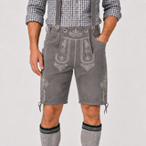Oak Leaf Embroidered Men's Bavarian Lederhosen - Grey - Side Lacing - product image 2