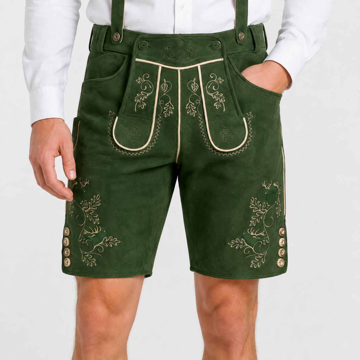 Edelweiss Embroidered Men's Bavarian Lederhosen - Green - Side Buttons - image 2