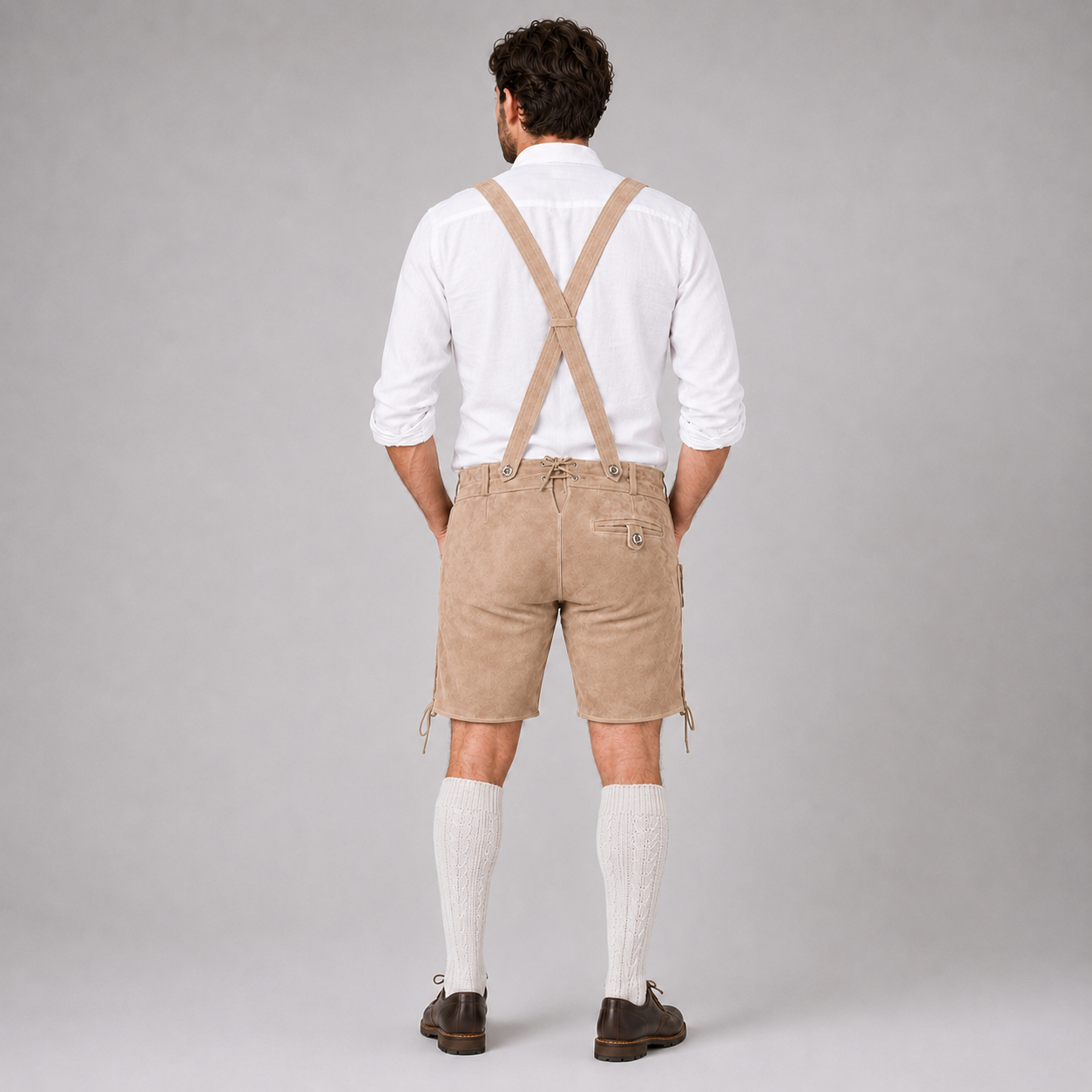 Stag Embroidered Men's Bavarian Lederhosen - Tan/Beige - Side Lacing - image 2