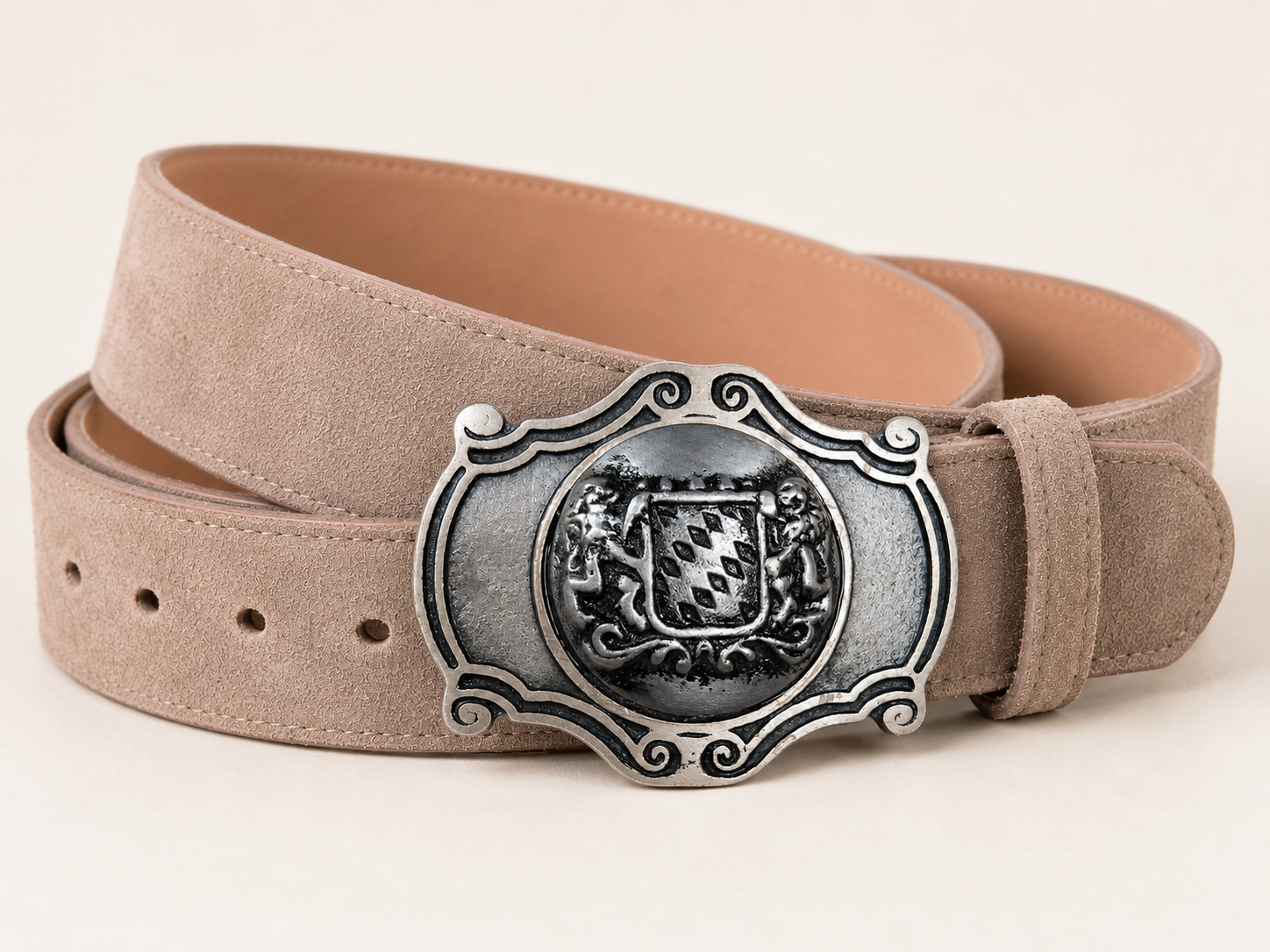 Men's Light Taupe Suede Bavarian Lederhosen Belt - Antique Silver Bavarian Lion Shield Buckle - product image 2
