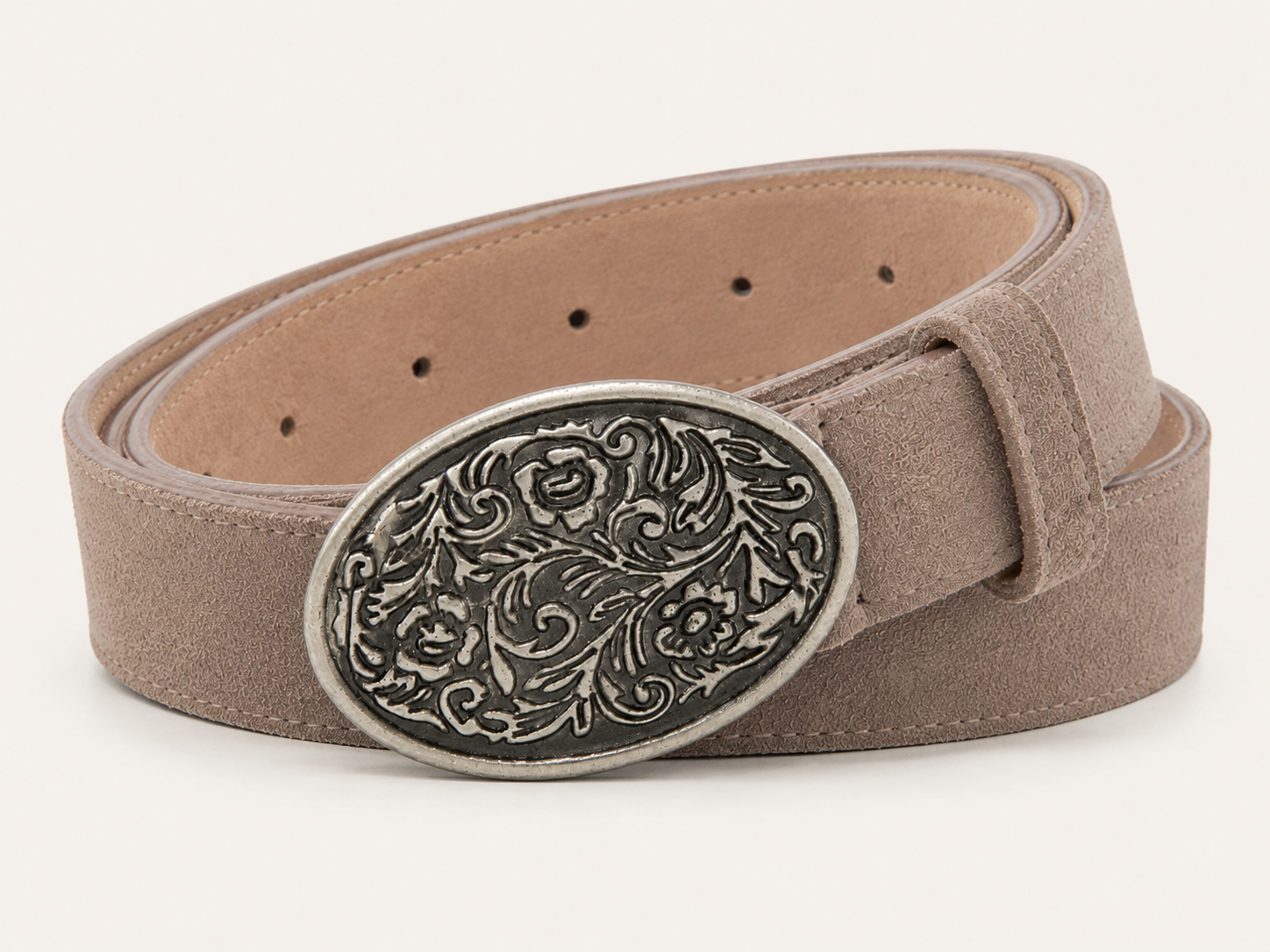 Men's Light Taupe Suede Bavarian Lederhosen Belt - Antique Silver Floral Scroll Buckle - product image 2