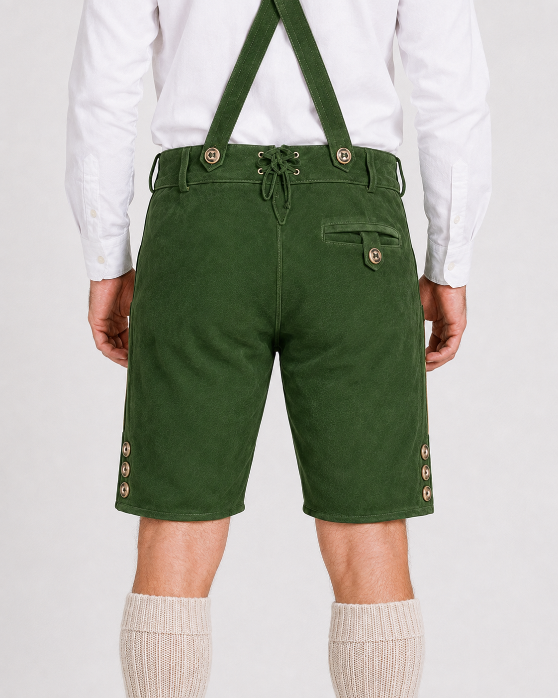 Edelweiss Embroidered Men's Bavarian Lederhosen - Green - Side Buttons