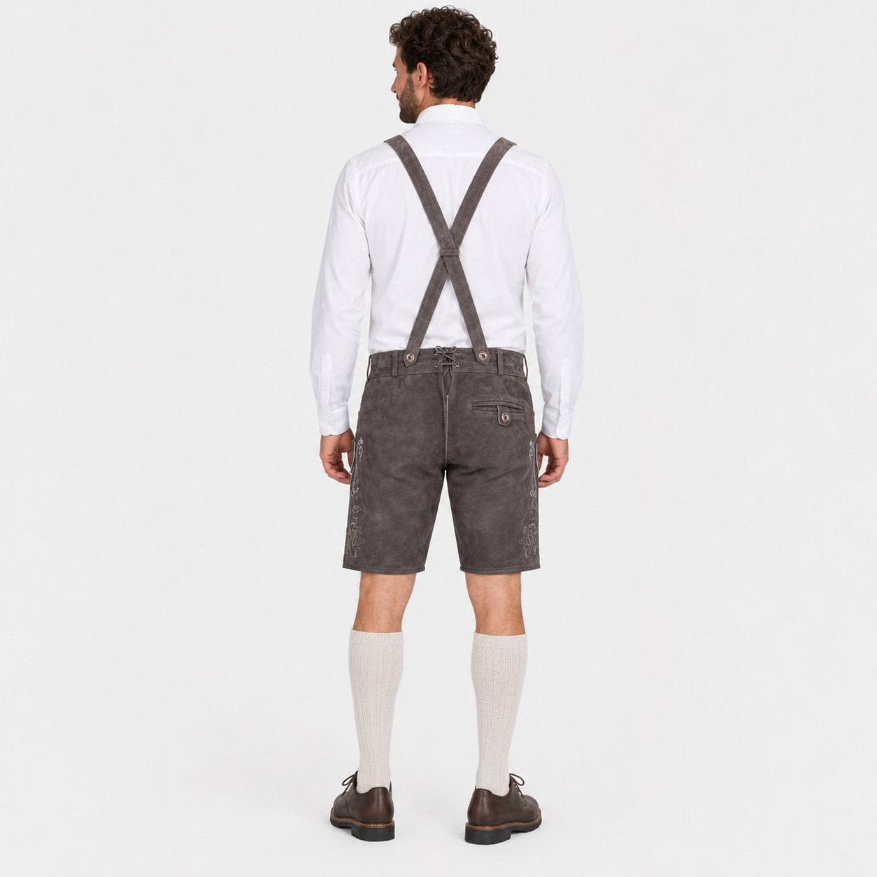 Stag Embroidered Men's Bavarian Lederhosen - Grey - Side Buttons - image 2