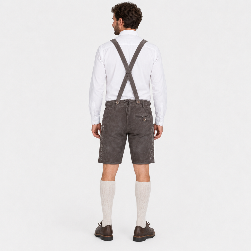 Stag Embroidered Men's Bavarian Lederhosen - Grey - Side Buttons - image 2