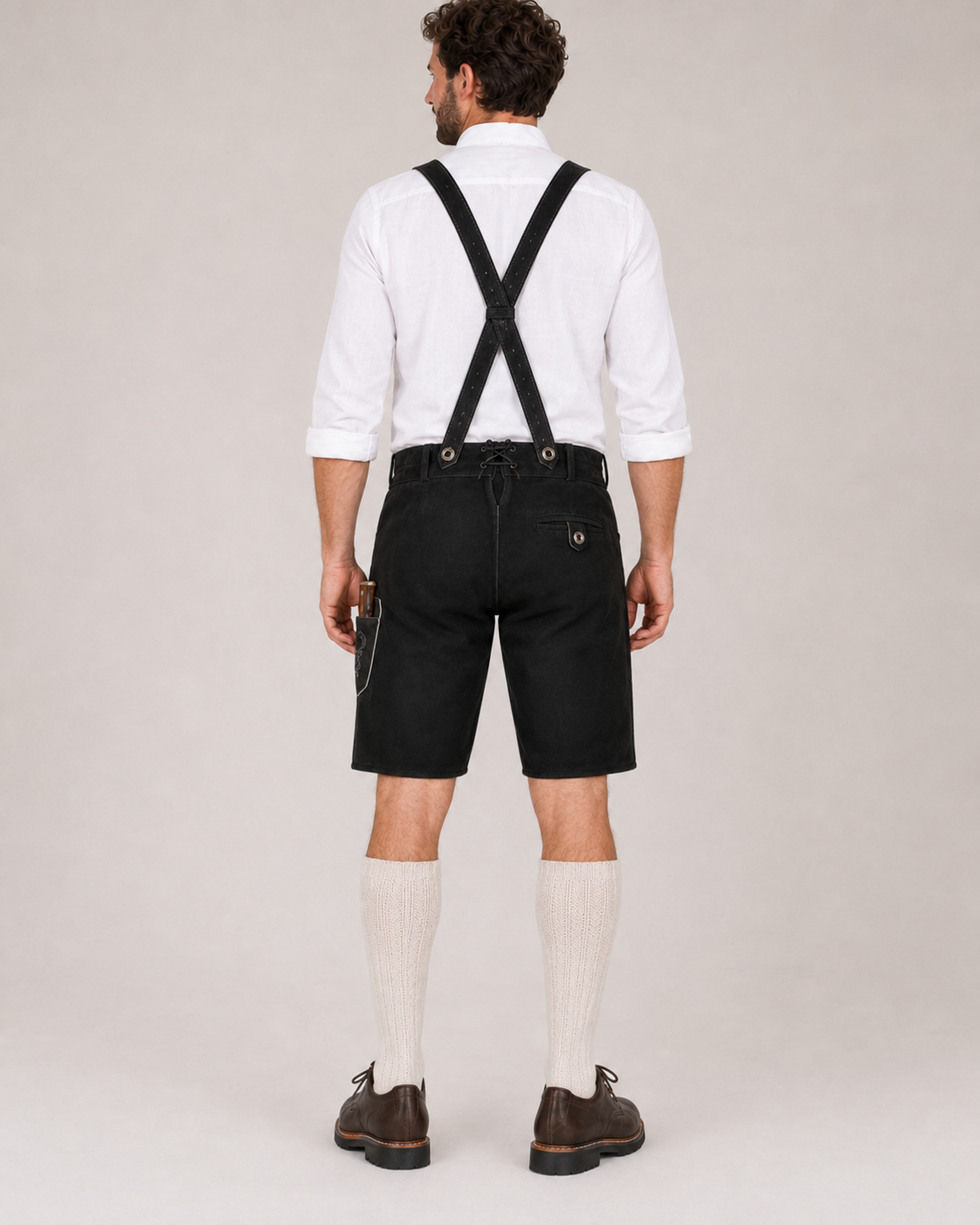 Oak Leaf Embroidered Men's Bavarian Lederhosen - Black - Side Buttons