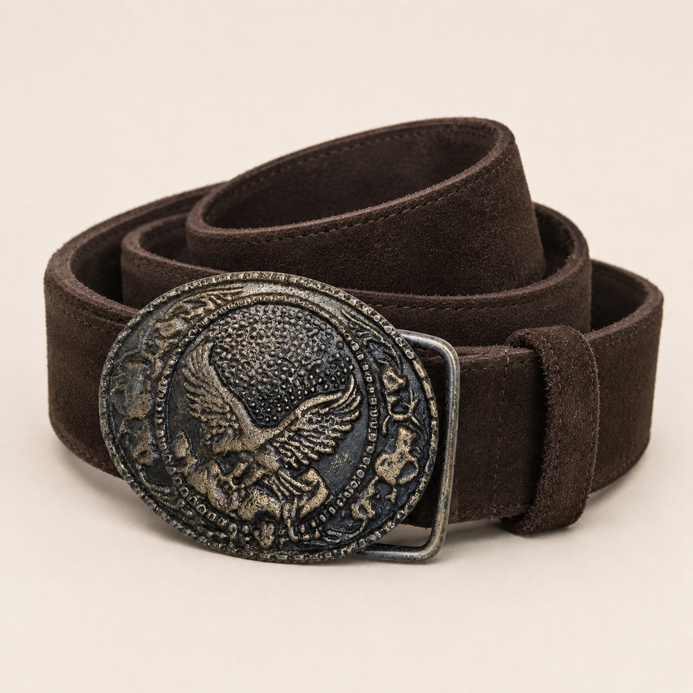 Men's Dark Brown Suede Bavarian Lederhosen Belt - Alpine Eagle Relief Buckle - product image 2