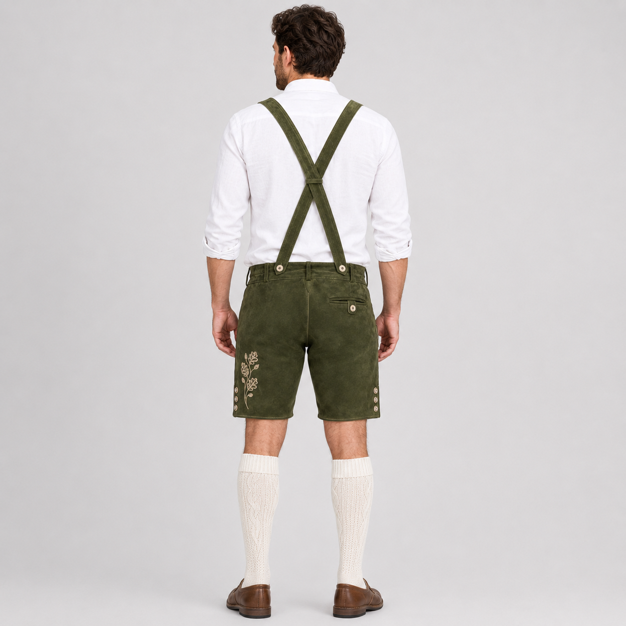 Oak Leaf Embroidered Men's Bavarian Lederhosen - Green - Side Buttons - image 2