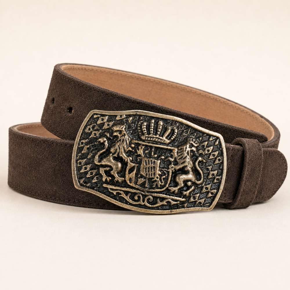 Men's Dark Brown Suede Bavarian Lederhosen Belt - Crowned Bavarian Lion Crest Shield Buckle - product image 2