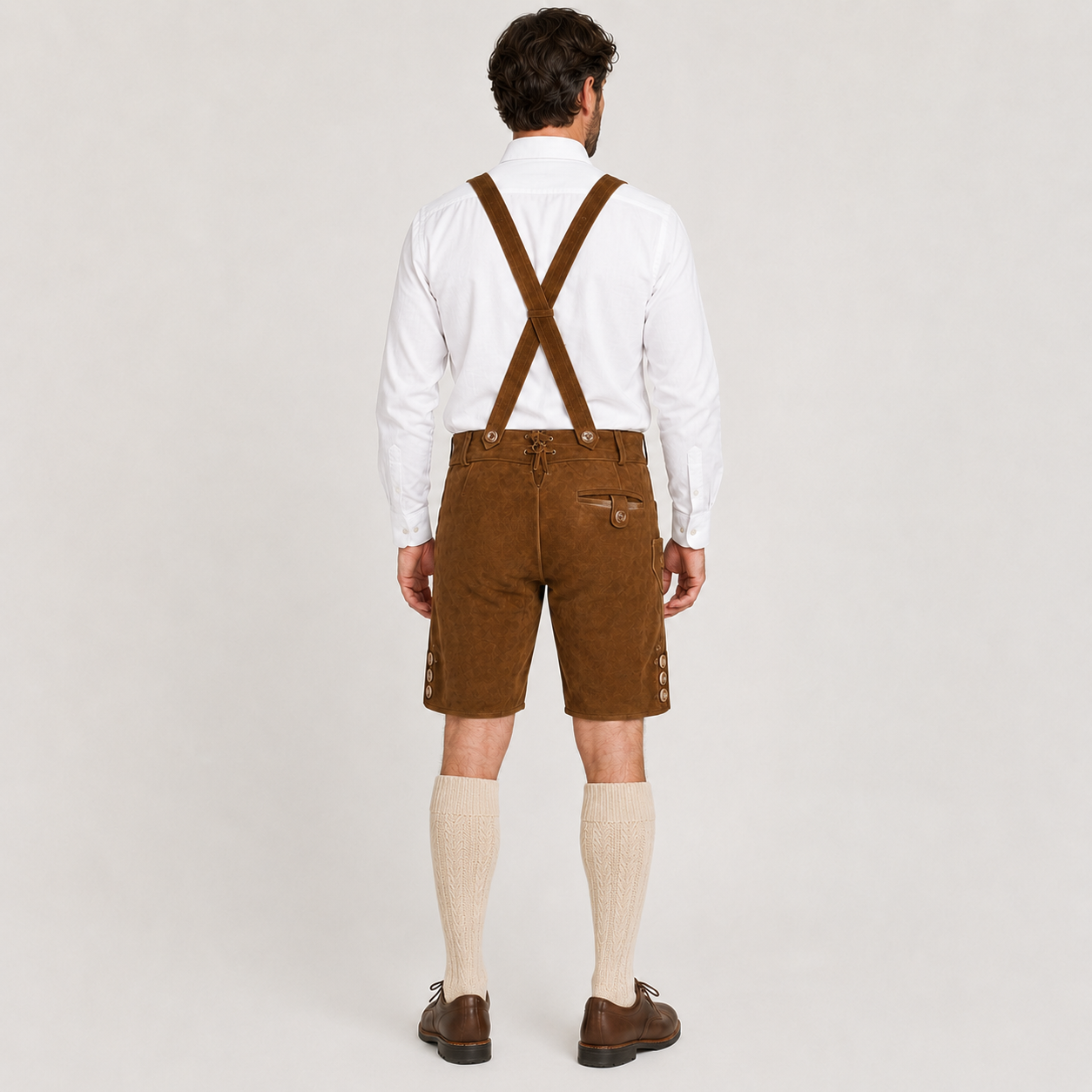 Edelweiss Embroidered Men's Bavarian Lederhosen - Rustic Brown - Side Buttons