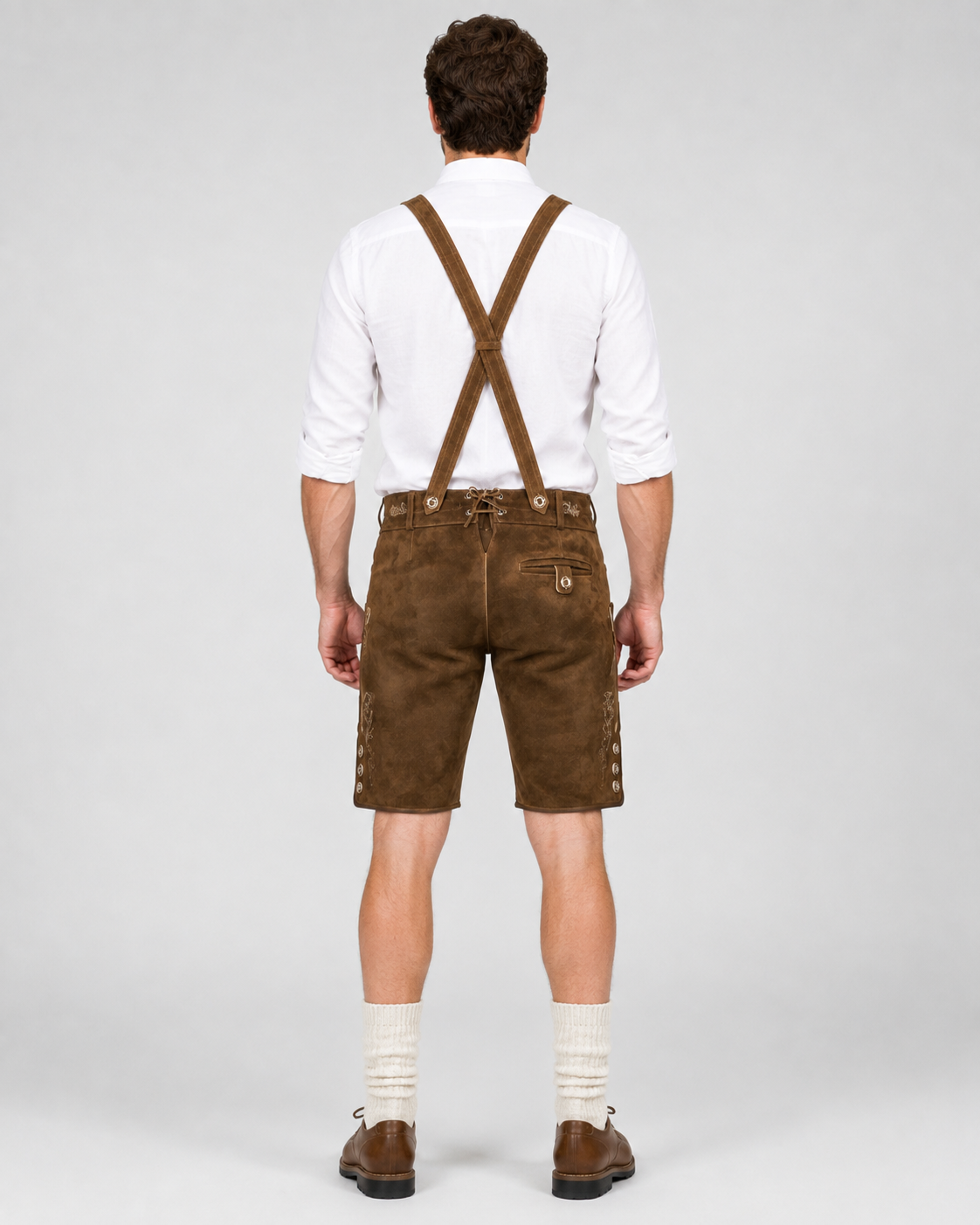 Oak Leaf Embroidered Men's Bavarian Lederhosen - Rustic Brown - Side Buttons - image 2