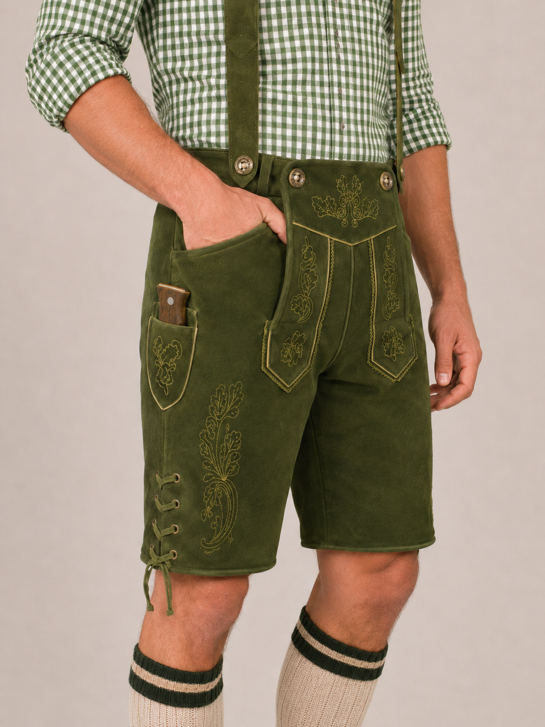 Oak Leaf Embroidered Men's Bavarian Lederhosen - Green - Side Lacing - image 2